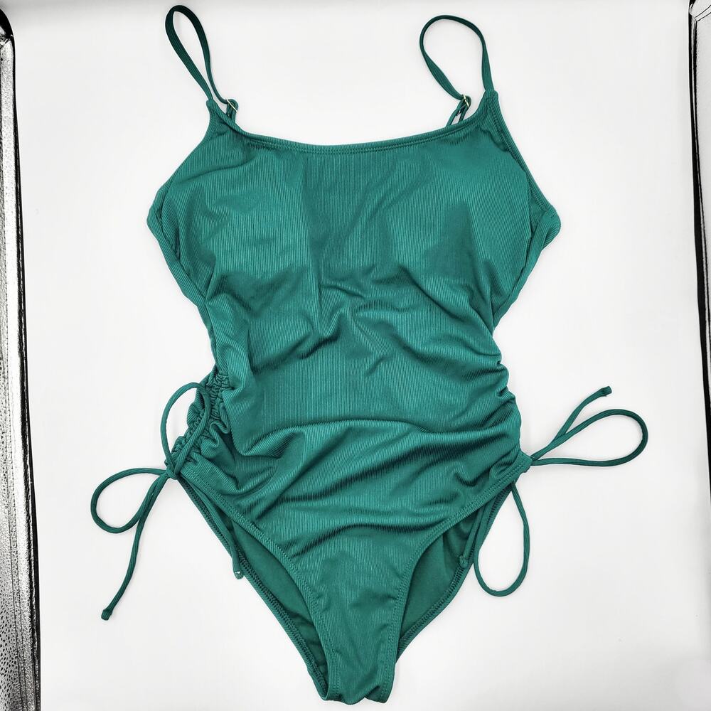Shade & Shore Green Ribbed Adjustable Drawstring One Piece Swimsuit Women's Sz S